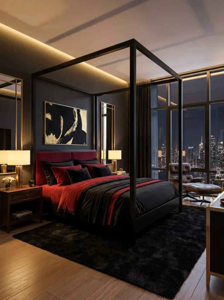 Luxury Hotel-Inspired Black and Red Canopy Bedroom