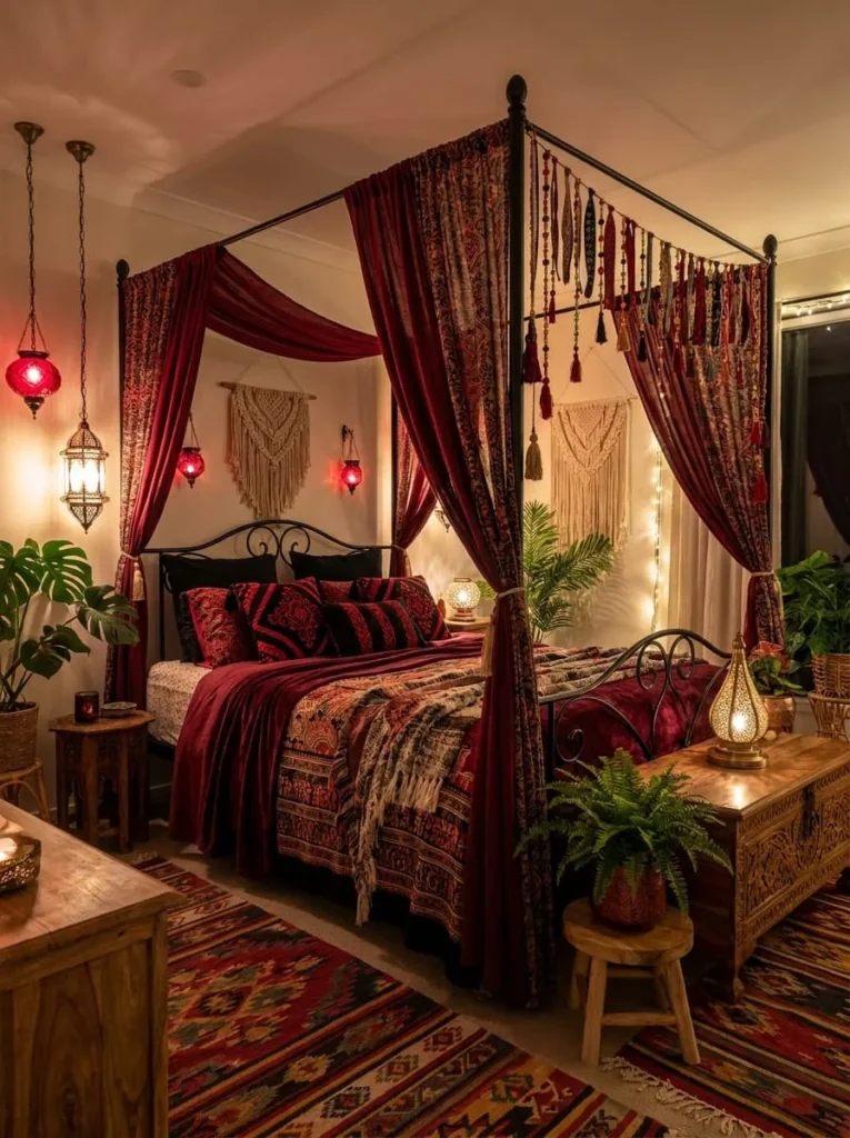 Black and Red Bohemian Canopy Bedroom