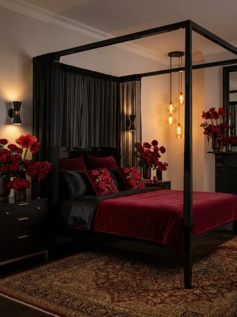 Elegant Black Canopy Bed with Crimson Floral Décor