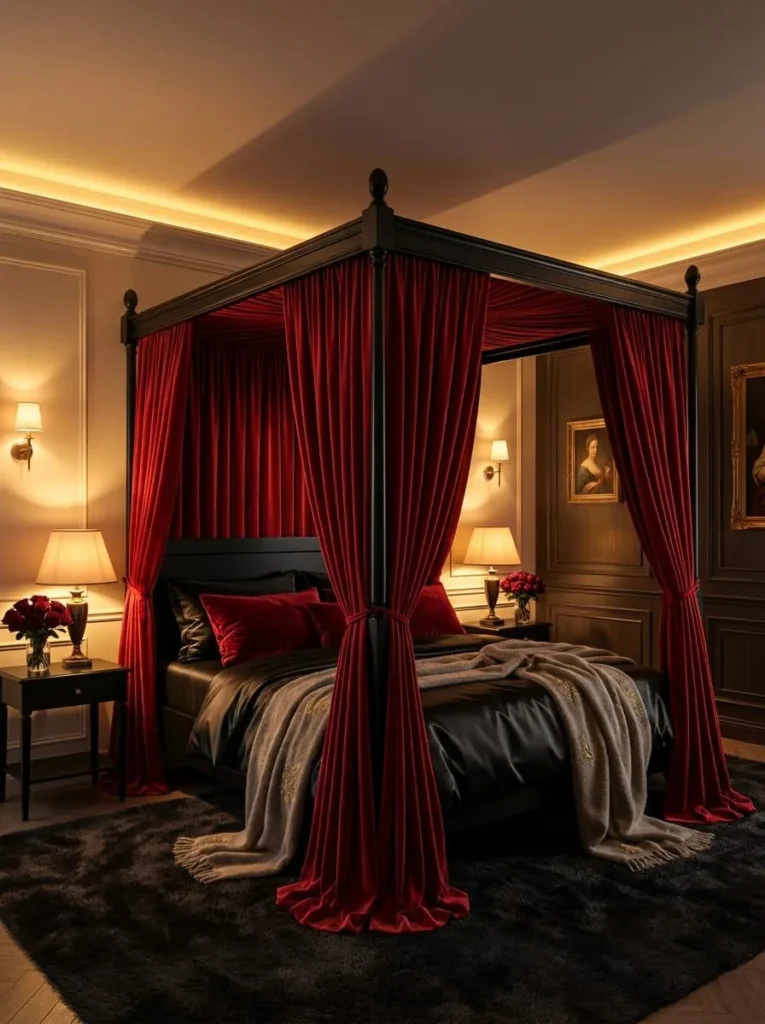 11. Romantic Bedroom with Warm Ambient Lighting and Red Velvet Curtains