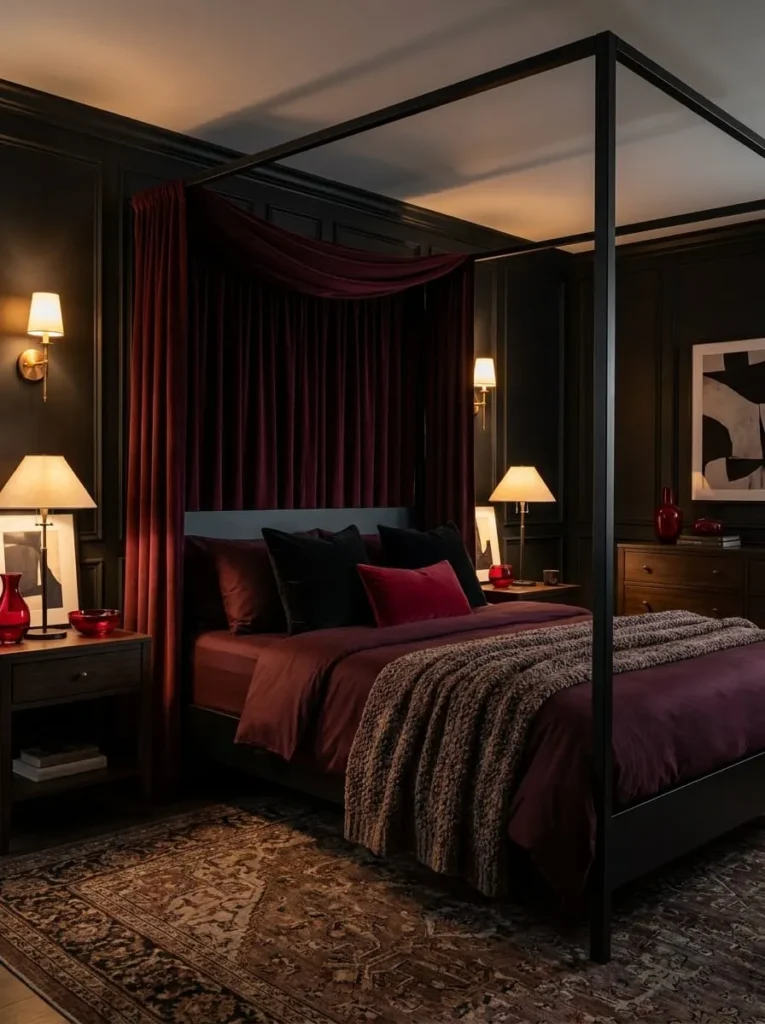 Moody Romantic Bedroom with Deep Burgundy and Matte Black