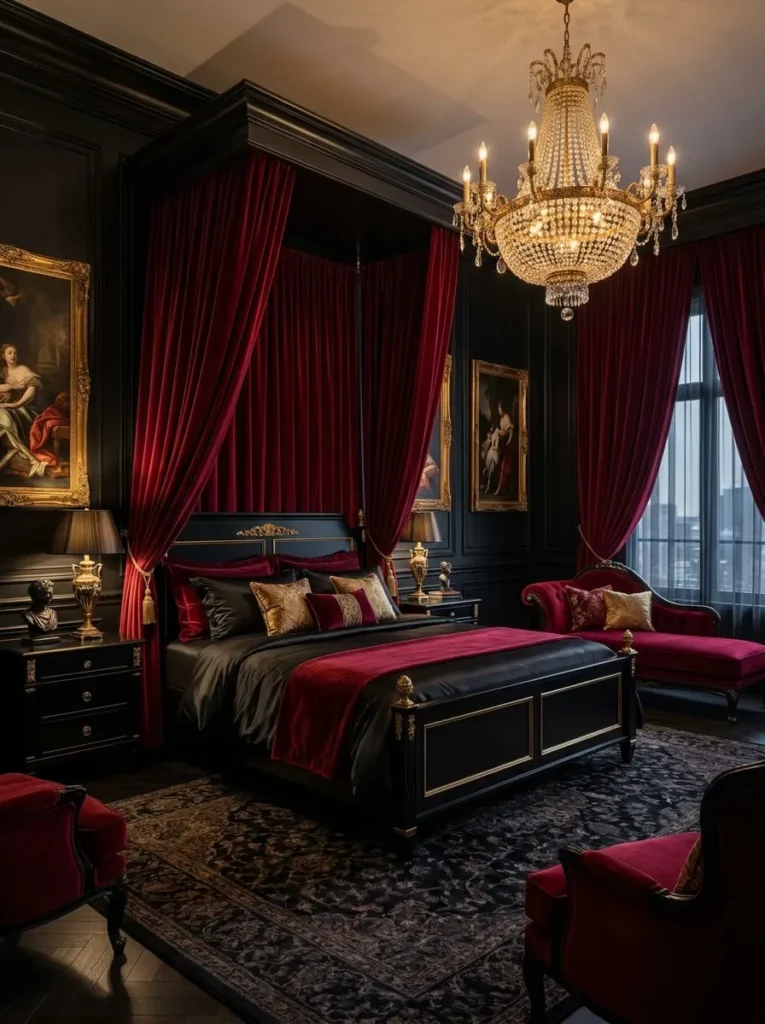 Dramatic Black-and-Red Bedroom with Gold Accents